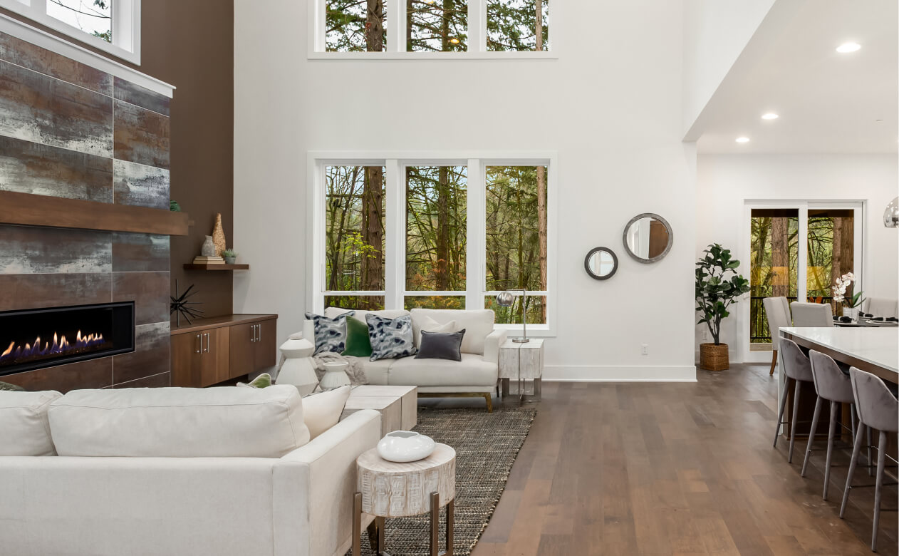 Living room with dark hardwood wide planks, 